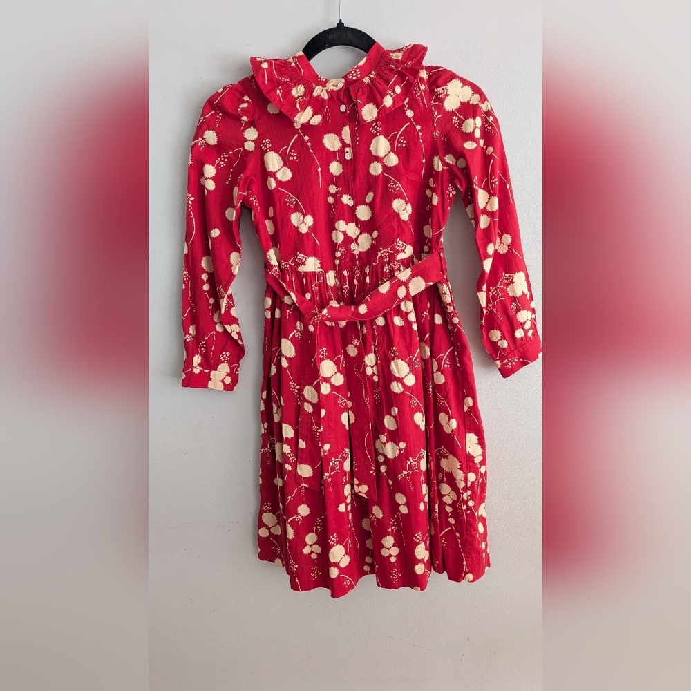 Bonpoint Long Sleeve Red Floral Margot Ruffle Dress Girls  w/ Belt 10 years